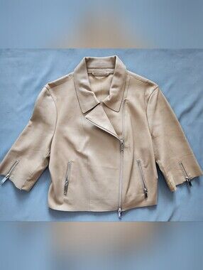 DANIER Beige Genuine Leather Elegant Short Sleeve Asymmetric Jacket S